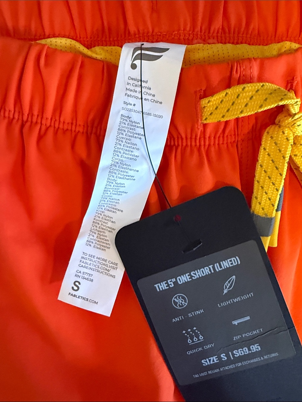 Fabletics Men's “5inch One Short” lined Shorts in Orange with Yellow Drawstring - Picture 5 of 5